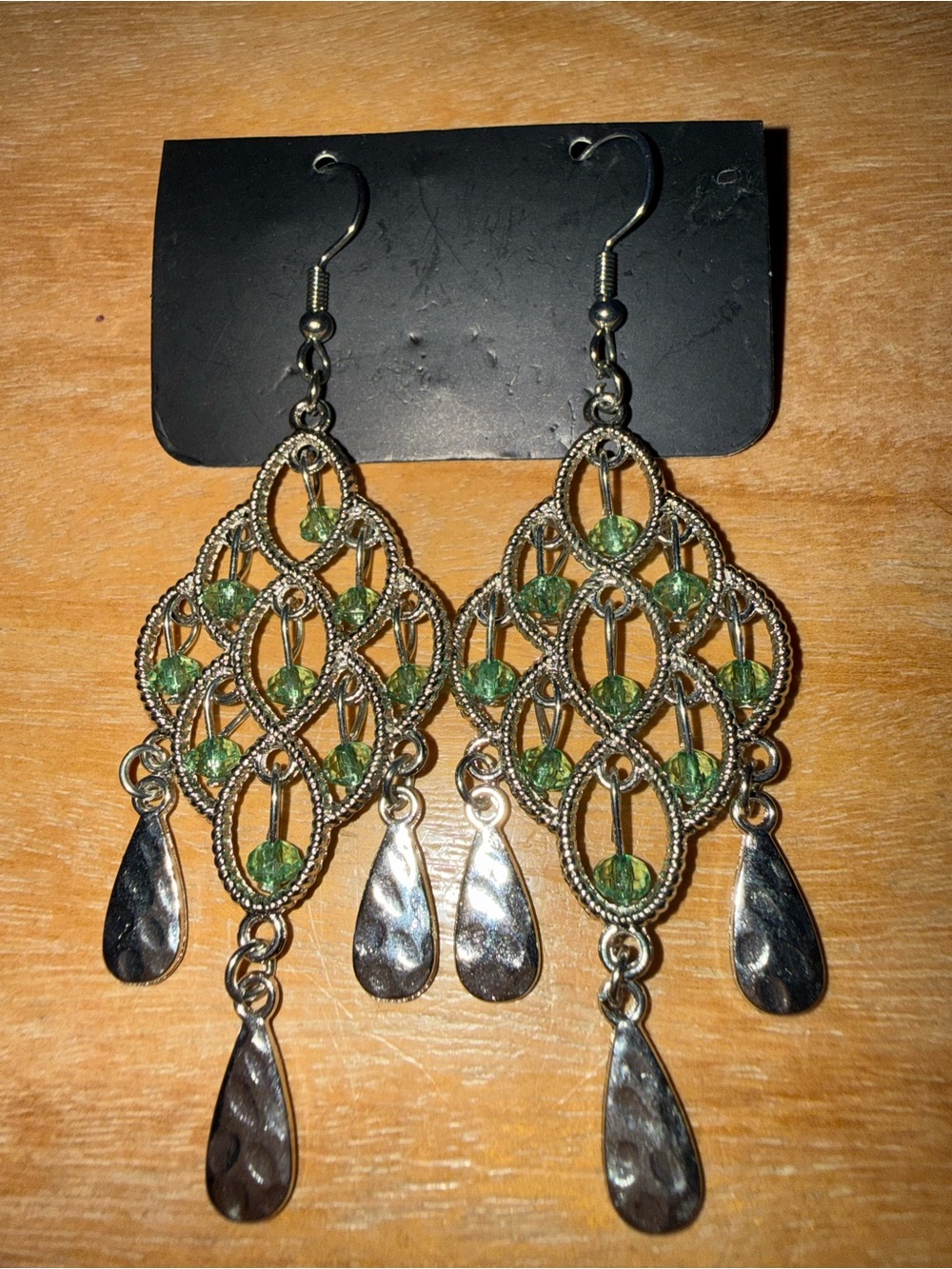Silver-Tone Green Crystal Filigree Drop Earrings